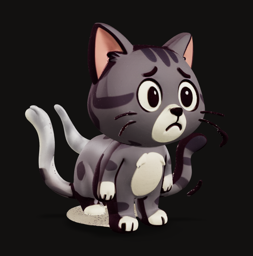 Stylized cat 3D with a startled expression on a dark interface