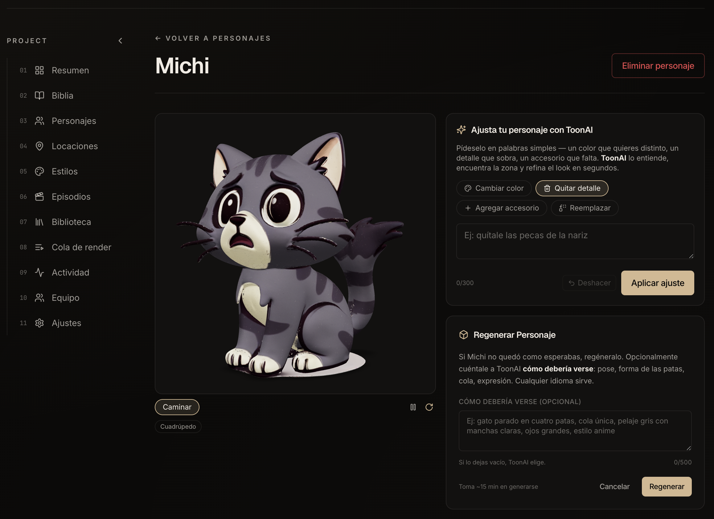 Dark interface with Michi, a centered surprised 3D kitten