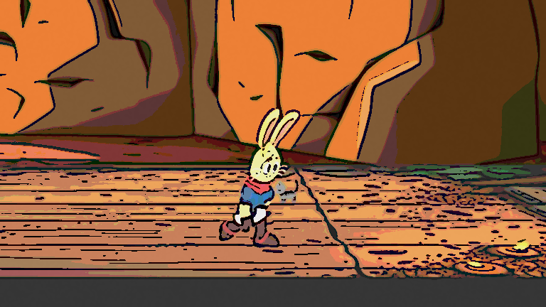 The same scene in a 70s cartoon style with a rabbit running on a wooden walkway