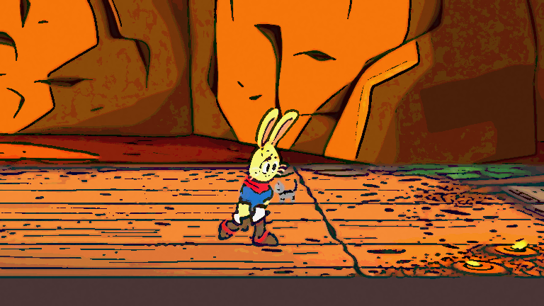 The same scene in an 80s cartoon style with classic motion and a theatrical background