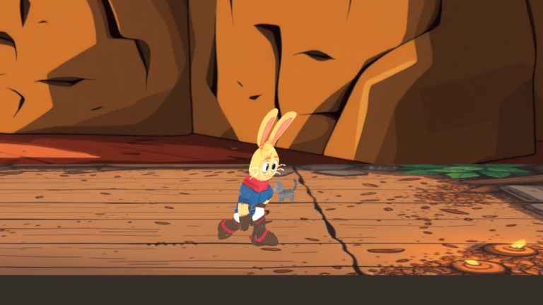 Anthropomorphic rabbit walking in a warm cave with stable framing and an adventurous style
