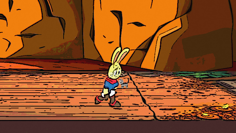 Cartoon rabbit walking past huge rocks in a classic style with tense adventure mood