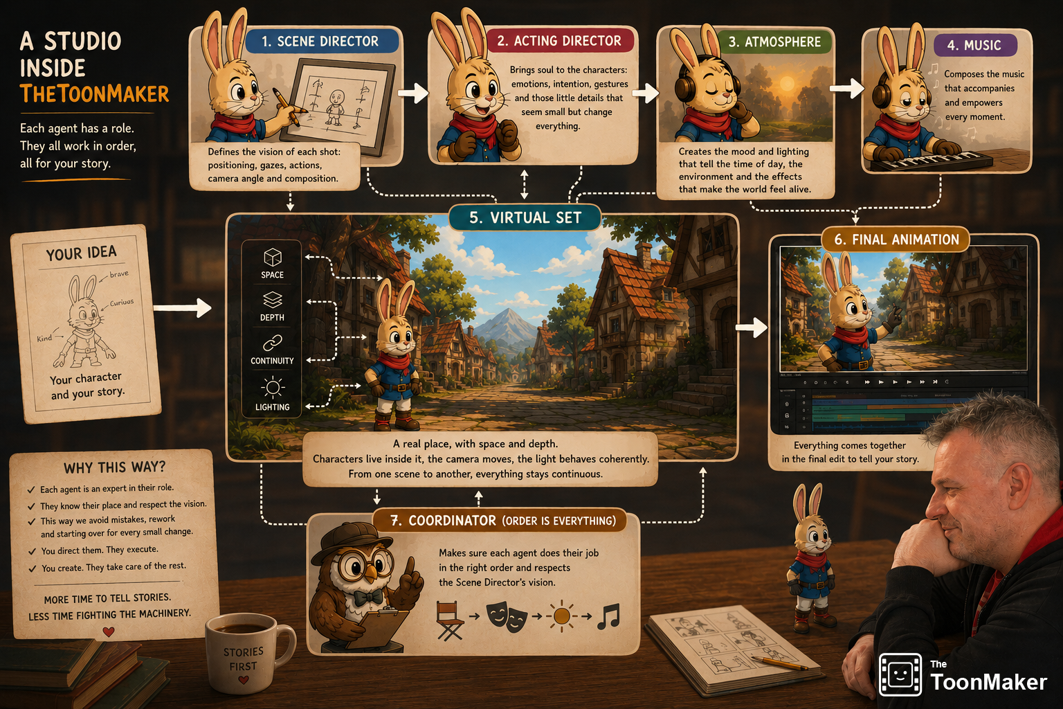 Warm infographic showing TheToonMaker workflow with studio roles and a rabbit guide