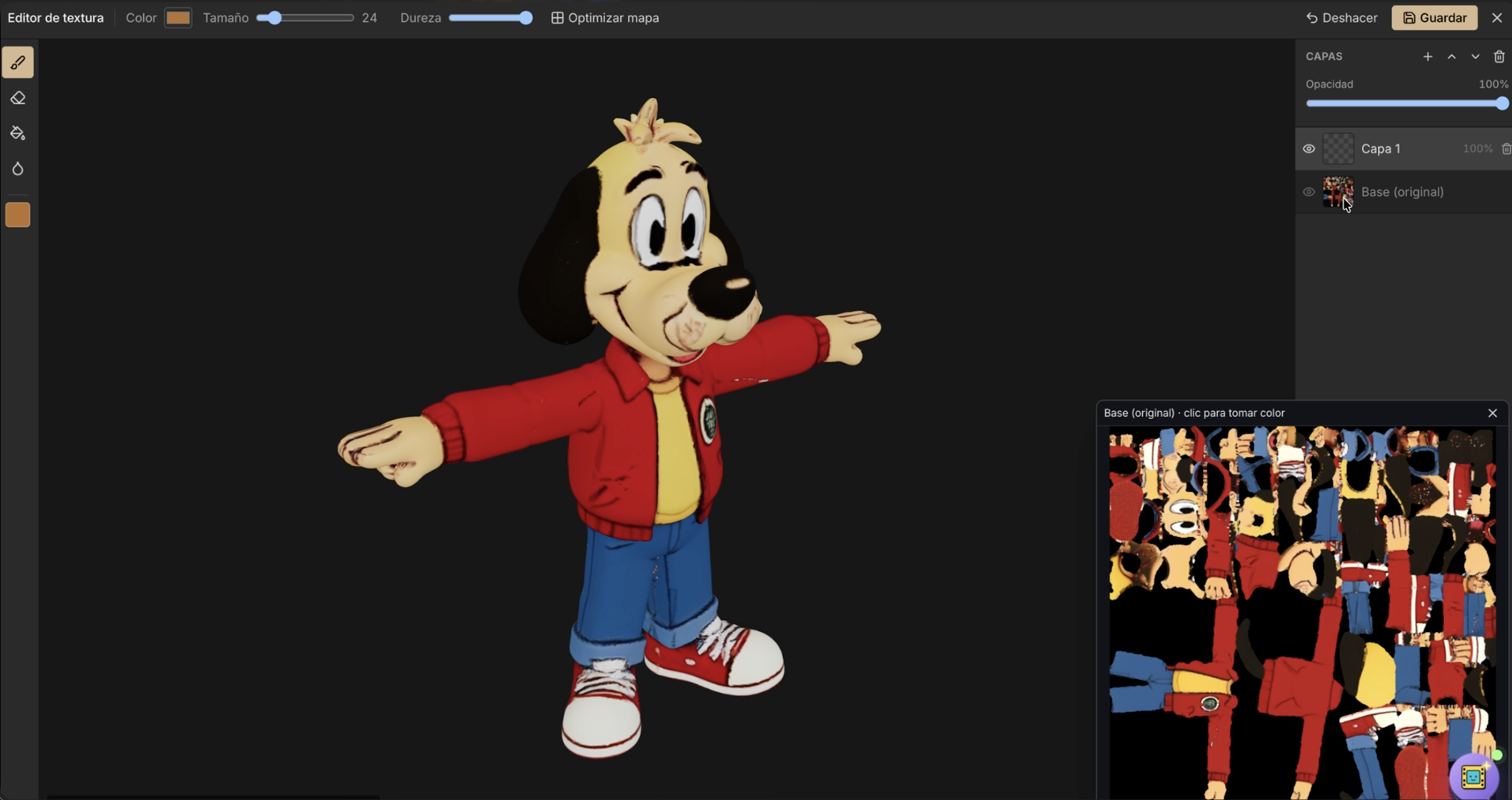 Front view of a 3D cartoon character in the texture editor
